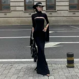 Black Fishtail Dress Slim Fit High Neck Hollow Out Side Split Elegant Evening Wear Wholesale Ava