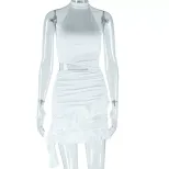 Sleeveless Ruched Dress High Neck Solid Color Elegant Fit Casual Chic for Parties or Everyday We