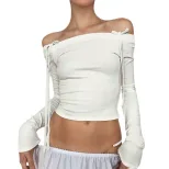 Off Shoulder Long Sleeve Top Sexy Cropped Adjustable Tie Versatile for Fall Fashion Wholesale Av