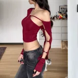 Womens Long Sleeve T Shirt Sexy Irregular Asymmetrical Neckline Hollow Out Design Slim Fit Autum