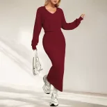 Womens Solid Color Knit Two Piece Dress Set Elegant Commuter Style Perfect for Spring and Summer