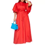 Fashionable Summer Long Dress Loose Fit Belted Single Breasted Flared Sleeves Perfect for Casual