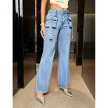 High Waisted Denim Straight Leg Pants Womens Fashion Pocket Design Stretch Fabric Casual Wear Wh