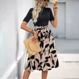 Elegant Summer Dress Color Block Design Half High Neck Comfortable Fabric Perfect for Office Wea
