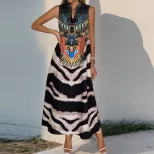 Vintage Style Sleeveless Zebra Print Dress Stand Collar Bohemian Design Elegant Look Perfect for