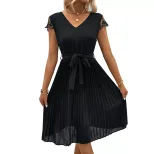 Summer Elegant Lace Pleated Dress Sweet Design Solid Color European and American Style Perfect f