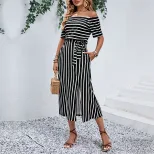 Off Shoulder Striped Summer Dress Casual Minimalist Style Comfortable Fit Perfect for Beach or O