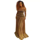 Vintage A Line Dress Breathable Mesh Floral Print Long Sleeve Slim Fit Casual Wear for Spring an