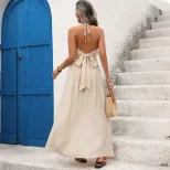 Casual Vacation Long Dress Backless Design Bow Tie Neck Lightweight Fabric Perfect for Summer Ge