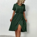 Summer Womens Dress V Neck Waist Defined Solid Color Side Slit Casual or Party Wear Wholesale Av