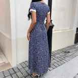 Floral Print Lace Trimmed V Neck Short Sleeve Dress Sweet Vacation Style Ideal for Summer Events