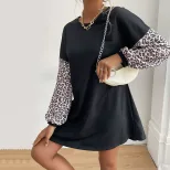 Color Block Leopard Print Hoodie Dress Flared Silhouette Long Sleeve Comfortable Fabric Casual A