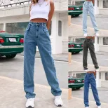 High Waisted Straight Leg Jeans Floor Length Slim Fit Comfortable Denim Casual Wear for Women Wh