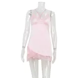 V Neck Lace Trim Satin Dress Soft Skin Friendly Fabric Pink Color Summer Style Wholesale Availab