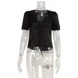 French Lace Panel Tie T Shirt Slim Fit Short Sleeve Summer Style Perfect for Casual Outings Whol