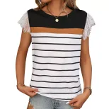 Elegant Casual Striped Lace Sleeveless T Shirt for Women Round Neck Trendy Design Perfect for Sp