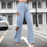 High Waisted Wide Leg Jeans Vintage Style Distressed Design Loose Fit Casual Wear for Women Whol