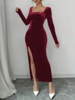 Velvet Maxi Dress High Waist Sexy Split Long Sleeve Square Neck Spring Summer Fashion Wholesale