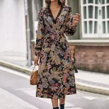 V Neck Floral Long Sleeve Dress Elegant Design European and American Style Perfect for Casual or