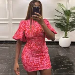 Fashionable Lantern Sleeve Mini Dress Stand Collar Printed Shoulder Pads Slim Fit Casual Summer
