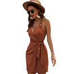 Summer Womens Sexy V Neck Tie Waist Vacation Sling Dress Lightweight Comfortable Elegant Perfect