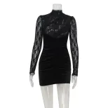 High Neck Long Sleeve Lace Sheer Velvet Dress Elegant Fitted Bodycon Style Perfect for Evening E