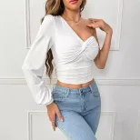 Unique Design Womens T Shirt Asymmetrical Cut Long Sleeve Casual Style Spring Summer Collection