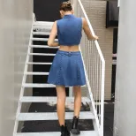 Sleeveless Denim Dress Stylish Versatile Mid Waist Hollow Out Design Perfect for Casual Outings