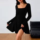 Elegant Square Neck High Waisted Dress Spring Summer Collection Fashionable Design Womens Appare