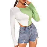 Color Blocked Slim Fit Long Sleeve T Shirt Womens Fashion Top Versatile Casual Wear Ready to Shi