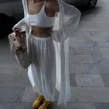 Chic Oversized Sheer Cardigan and Mini Skirt Set Relaxed Fit Long Pants Casual Style Perfect for