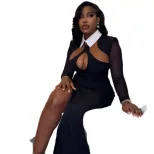 Black and White Hollow Out Bodycon Dress Long Sleeve Shirt Collar Waist Cinching Elegant Style f