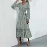 Long Sleeve Floral Maxi Dress for Women Green Print Elegant Autumn Winter Wear ready to ship