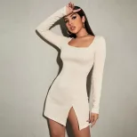 Knitted Bodycon Dress Sexy Split Hem Waist Cinching Long Sleeve Square Neck Evening Wear Party D