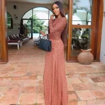 A Line Dress Ruffled Design Tie Detail Long Sleeve Round Neck Casual Vacation Wear Wholesale Ava