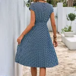 Geometric Print Short Sleeve Dress Minimalist Style Round Neck Comfortable Fabric Perfect for Ca