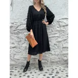French V Neck Long Sleeve Dress Stylish Pom Detail Chic Casual Wear for Women Ready to Ship OEM