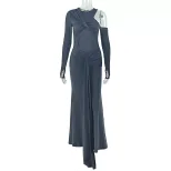 One Shoulder Long Sleeve Bodycon Dress Hollow Out Round Neck Solid Color Tie Detail Elegant Even