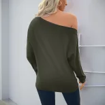 Casual Long Sleeve T Shirt Asymmetrical Neckline Solid Color Lightweight Fabric Spring Fall Wear