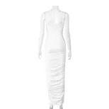 French Style Off Shoulder Bodycon Dress Pleated Design Solid Color Slim Fit Long Length Perfect