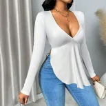 Womens Long Sleeve V Neck T Shirt Sexy Backless Design Slim Fit Elegant Style Spring Summer Coll