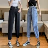 跨境牛仔裤女2023春夏新款学生韩版高腰百搭显瘦九分哈伦老爹裤潮