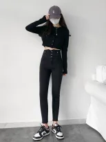 速卖通牛仔裤女2023春季新款韩版学生小众设计超高腰毛边小脚裤潮