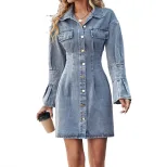 Retro Slim Fit Denim Dress for Women Blue Short Sleeve Casual Wear customizable fast shipping