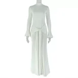 Elegant Long Sleeve Bodycon Dress Solid Color Flared Sleeves Tie Detail High Neck Perfect for Pa