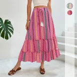 Bohemian Striped Print Skirt Summer Vacation Style Drawstring Tassel Details Lightweight Fabric