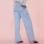 High Waisted Wide Leg Denim Trousers Loose Fit Utility Pockets Casual Style Womens Fashion Ready