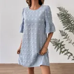 Chiffon Dress for Women Solid Color Short Sleeve Pom Detail Casual Summer Wear Wholesale Availab