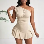Elegant Womens Dress Asymmetrical Neckline High Waist Flared Hem Spring Summer Fashion Wholesale