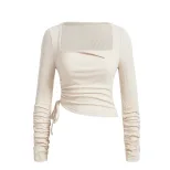 Womens Long Sleeve T Shirt Drawstring Ruched Slim Fit Stretch Fabric Square Neck Casual Wear Who